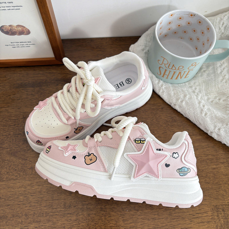 2025 Spring/Summer New Women's Breathable White Sneakers with Star Cutouts, Thick Soles, Round Toe, Mesh Sports Casual Shoes