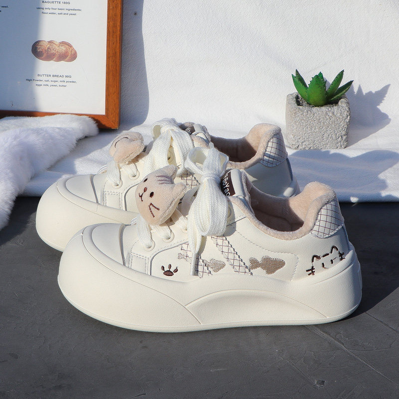 2025 New Autumn and Winter Thick-Soled White Sneakers for Women, Fleece-Lined, Versatile Casual Sports Shoes, Warm Double-Layer Cotton Loafers