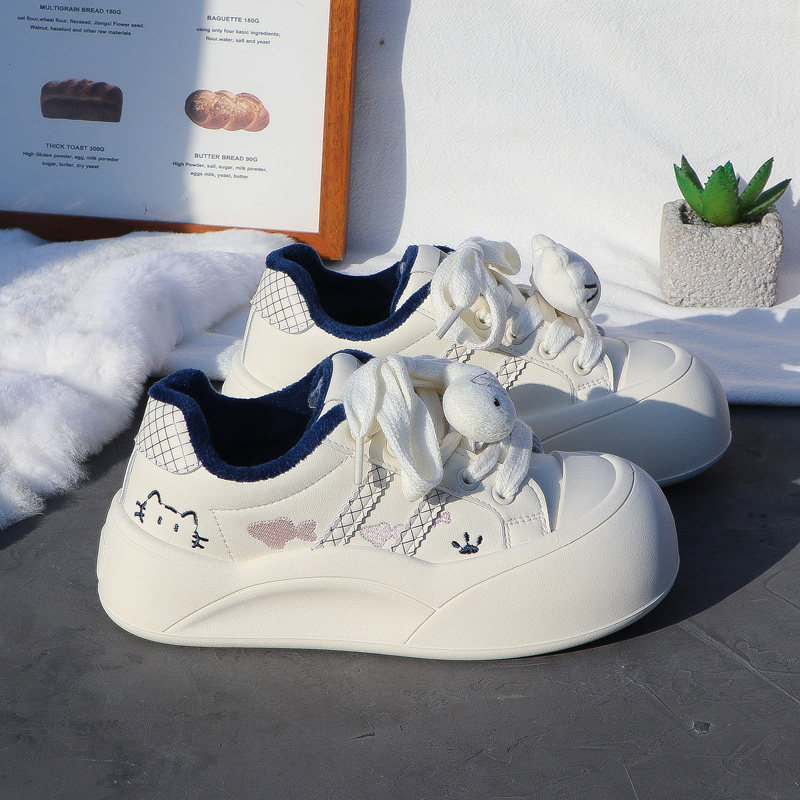 2025 New Autumn and Winter Thick-Soled White Sneakers for Women, Fleece-Lined, Versatile Casual Sports Shoes, Warm Double-Layer Cotton Loafers