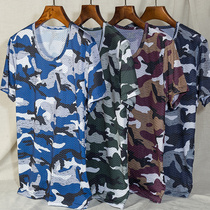 Camouflage ice silk T-shirt mens summer mesh hollow short sleeve slim trend quick-drying sports elastic breathable half sleeve