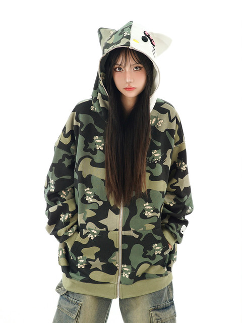 Amoeba ຕົ້ນສະບັບ American cute ears Hello Kitty all-over printed camouflage hooded sweatshirt jacket women's zipper cardigan