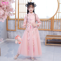Girls Hanfu Autumn and Winter New Years dress winter clothes childrens cheongsam winter womens baby ancient clothes plus velvet thickened Tang suit