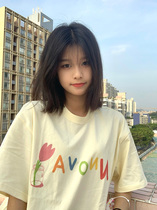 SHAKING country tide chalk graffiti round neck yellow short sleeve T-shirt female cartoon fun couple shoulder half sleeve