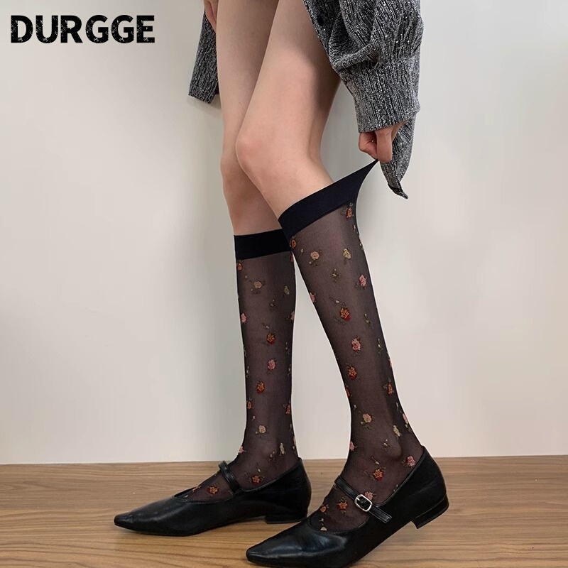 Japanese Durgge Retro Mature Style Knee-High Mid-Calf Socks Floral Sheer Ice Silk Thin Spring Calf Stockings