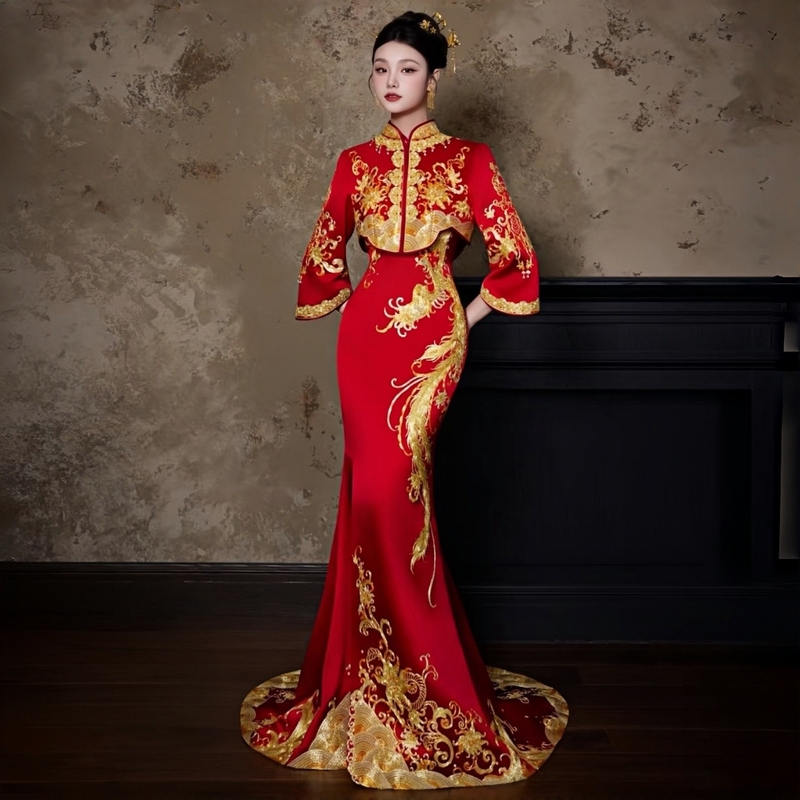 New Chinese-Style Red Phoenix Embroidery Cheongsam 2026 New Model Bride Wedding Engagement Toast Dress Long Gown with Train