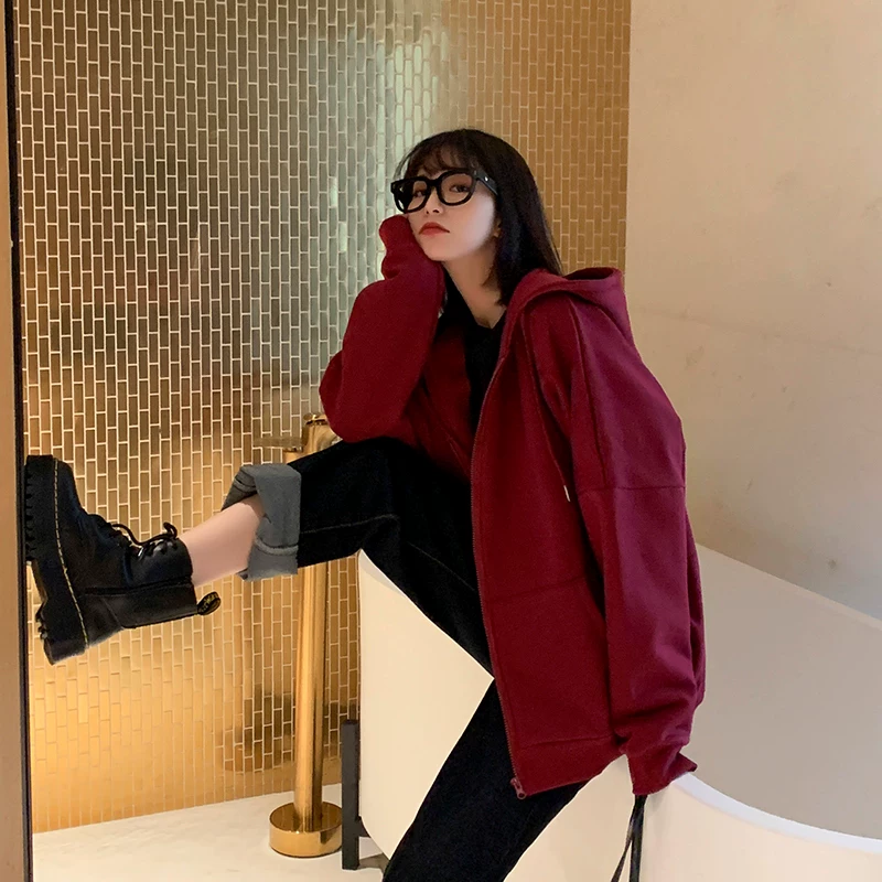 初可 Burgundy sweatshirt, spring hoody with zipper, long-sleeve, cardigan, 2021 collection
