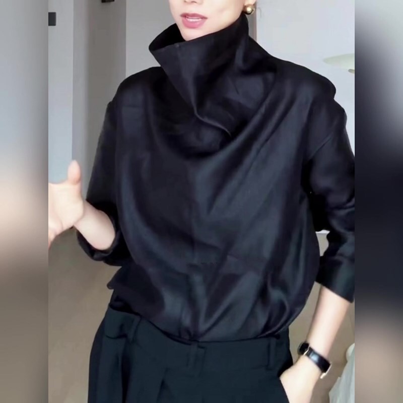 High-End Fashion Hong Kong Style Trendy Black Turtleneck Long-Sleeve Shirt Top 2025 Winter New Versatile High-End Fashion Hong Kong Style Trendy Black Turtleneck Long-Sleeve Shirt Top 2025 Winter New Versatile