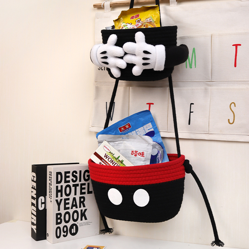 Cartoon Cotton Rope Mickey Double-Layer Hanging Basket for Bedroom Miscellaneous Items and Snacks, Cute Storage Basket for Keys Behind the Door in the Entryway