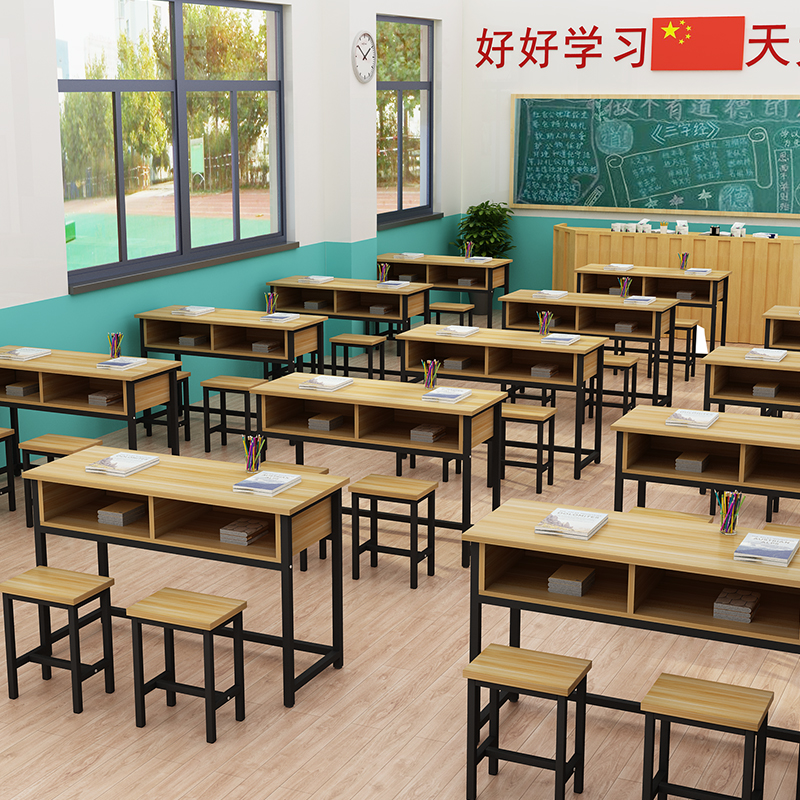 Student class table and chairs Classroom desk stool coaching class Training table and chairs Double-layer drawer strip table