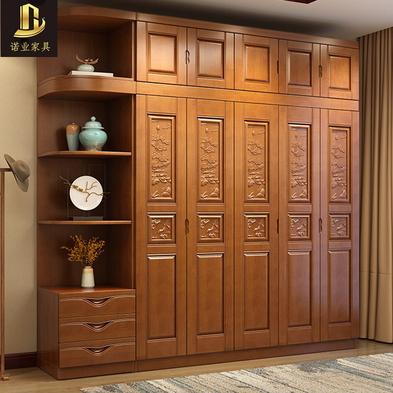 Solid wood wardrobe log full solid wood 3 4 5 6 doors oak Chinese style bedroom wood closet flat open door big wardrobe