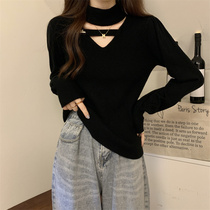 Big Code Fat Sister Half High collar hollowed-out Long sleeves Knitted Sweatshirt Woman Spring Autumn Small Heart Machine 100 Hitch-Cut-Age Blouses Undershirt
