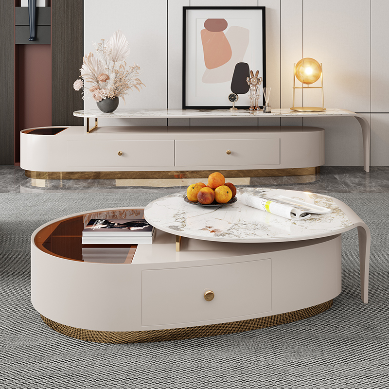 Light luxury slate TV cabinet coffee table combination postmodern living room floor-to-ceiling retractable TV cabinet model room furniture