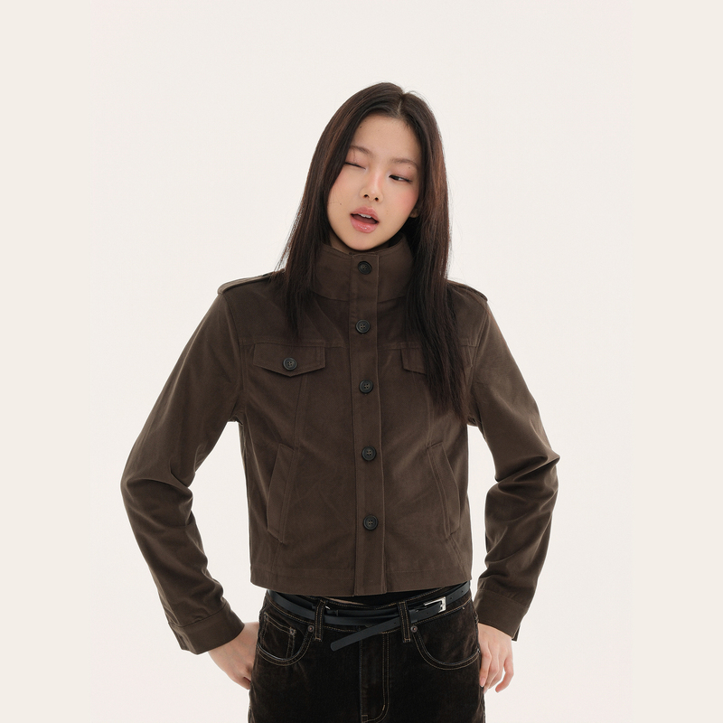 Set for Life Stand-Up Collar Suede Dark Green Jacket Versatile Slim-Fit Workwear Style Jacket