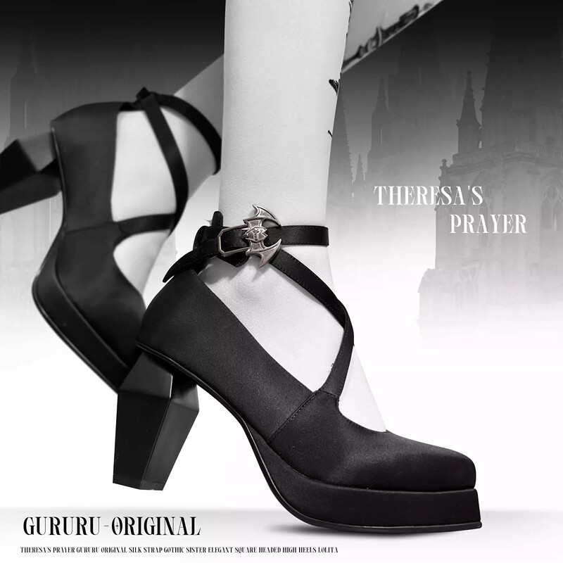 Teresa's Prayer Gururu Original Silk Strap Y2K Gothic Square Toe Elegant Heels