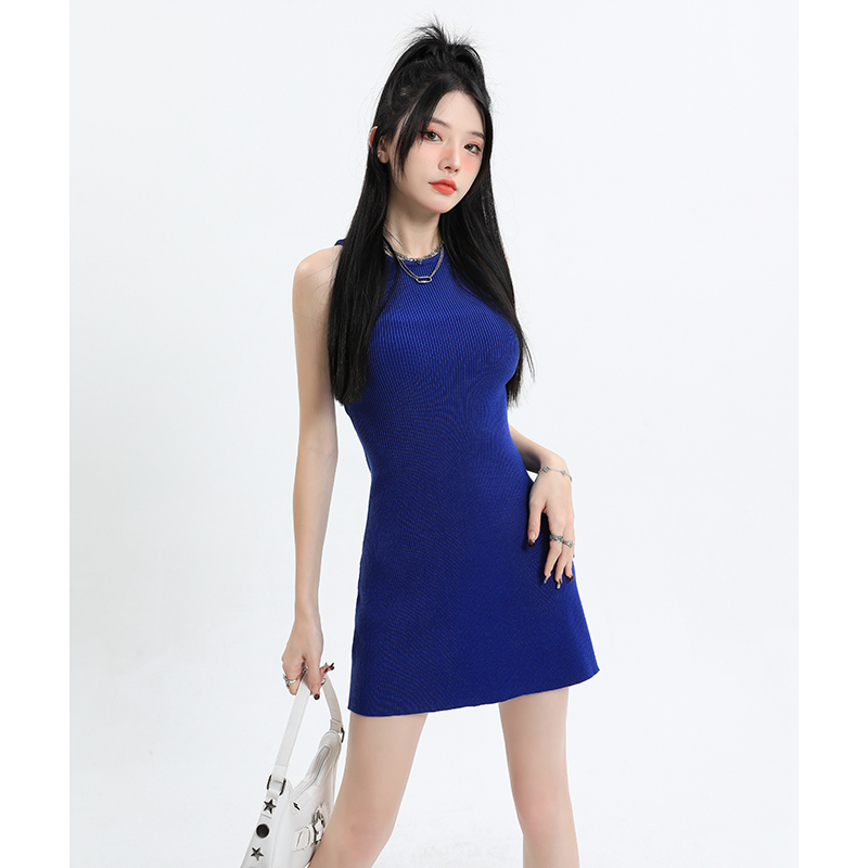 Summer Pure Desire Hot Girl Style Hong Kong Chic Spaghetti Strap Slim Fit Bodycon Knit Mid-Length Dress for Women
