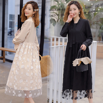 Pregnancy Woman Dress Autumn Clothing Lace Splicing Loose big code Lie dress Fall thick and long sleeves Sweet 100 pleats over knee long dress