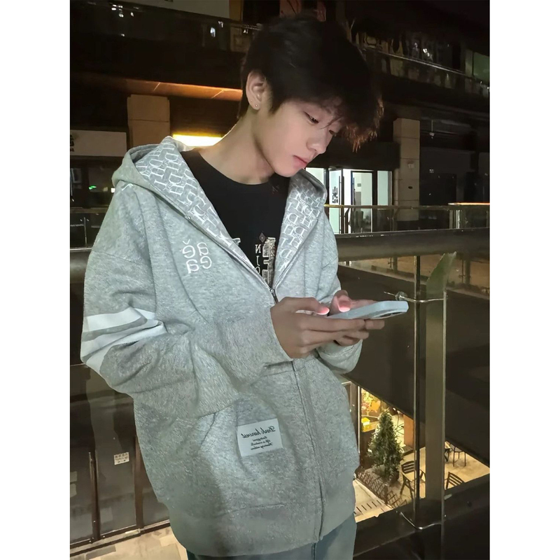 American-Style Letter Embroidery Hooded Sweatshirt for Men and Women, Couple Style, Autumn Loose-Fitting Faux Two-Piece Gray Cardigan Jacket Top American-Style Letter Embroidery Hooded Sweatshirt for Men and Women, Couple Style, Autumn Loose-Fitting Faux Two-Piece Gray Cardigan Jacket Top
