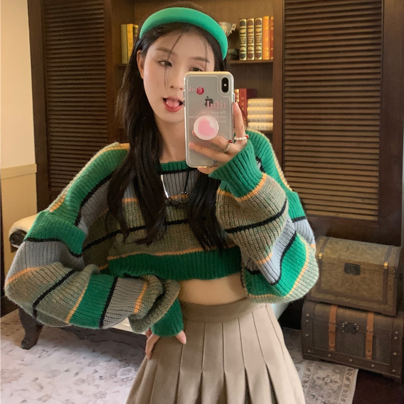 下架学姐甜辣风拼色条纹套头毛衣