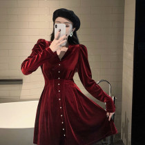 2021 small fragrant fairy temperament golden velvet New year dress red inner set Hepburn dress female