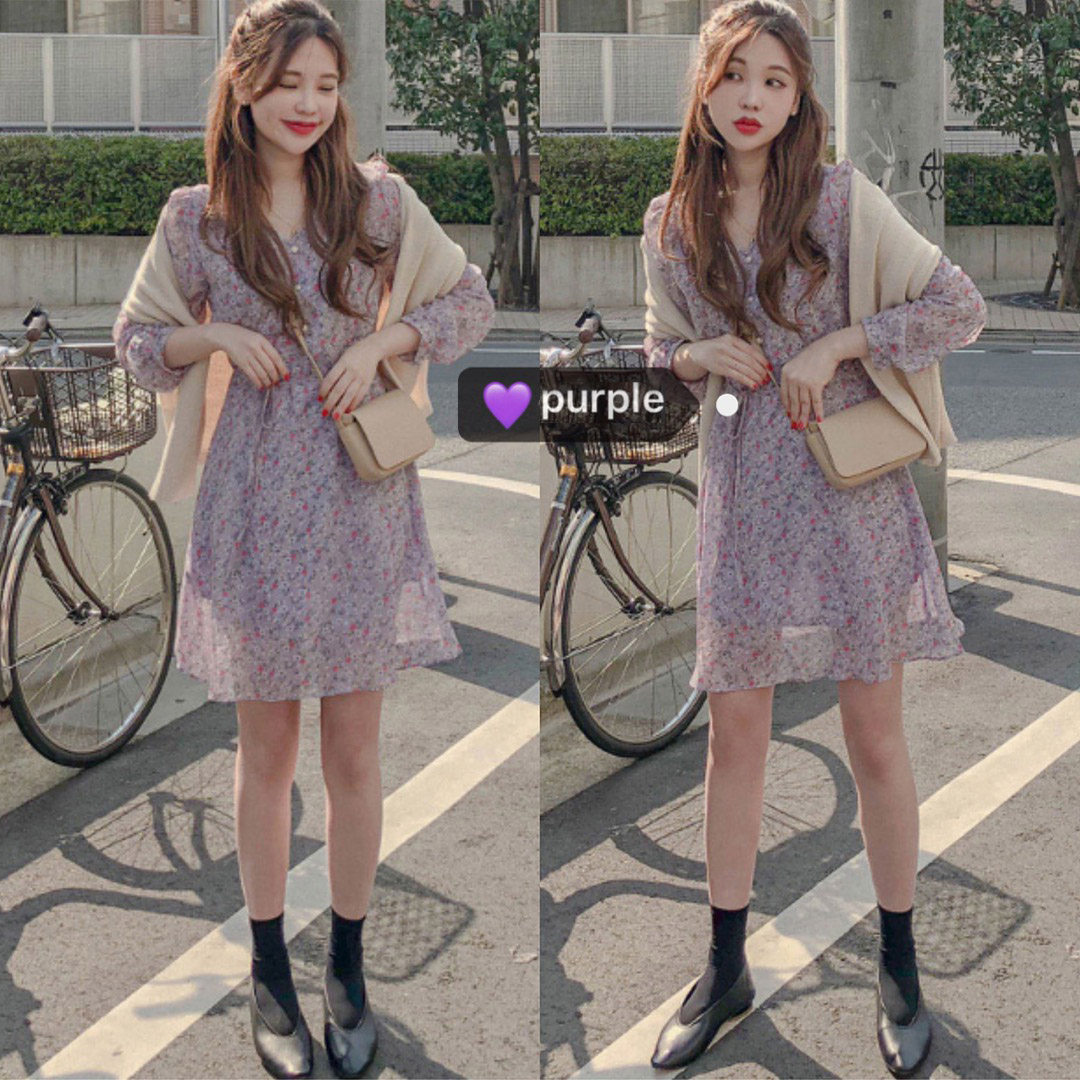 Spring and summer new style purple floral dress is small and short to build inside bottom to receive waist chiffon gentle wind fairy skirt