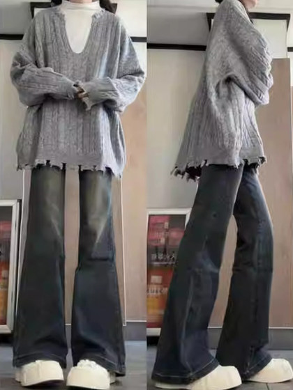 春秋新款高腰微喇叭牛仔裤女小个子大码显瘦不贴腿直筒阔腿裤子潮