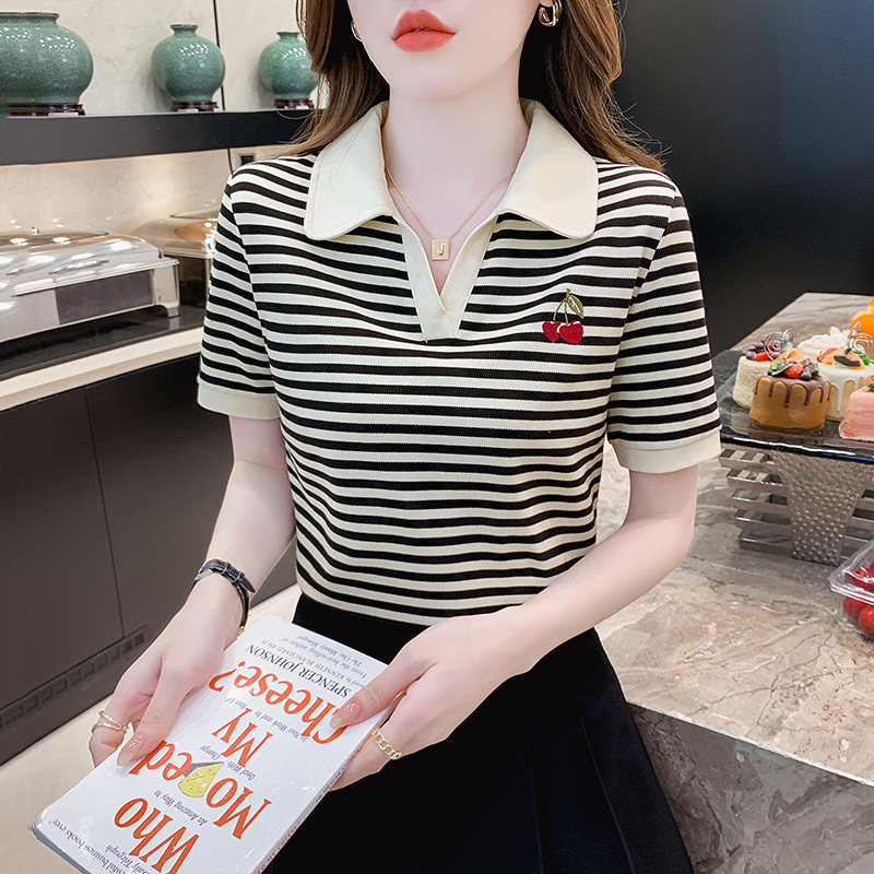 Embroidered Striped Polo Collar Short-Sleeved T-Shirt for Women, Summer 2026 New Fashionable Slim-Fit Women's Top