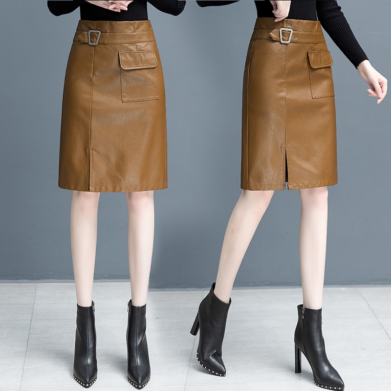Leather skirt skirt women spring and autumn 2021 New High waist thin pu hip A- line dress autumn split long version