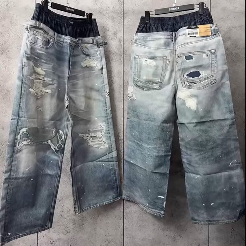 American Retro 3D Digital Print Jeans for Men and Women, Stylish Loose Fit with Fake Double Waistband, Floor-Length Wide-Leg Pants, Trendy