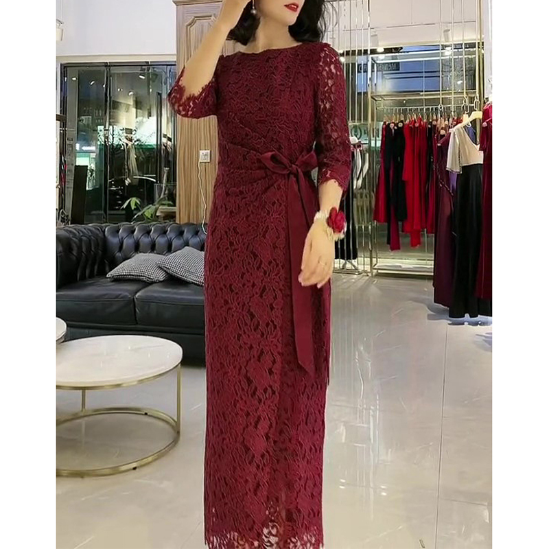 French Retro Red Lace Dress for Women, Spring & Fall Elegant Mother's High-End Evening Party Wedding Dress, Waist-Cinching Long Dress