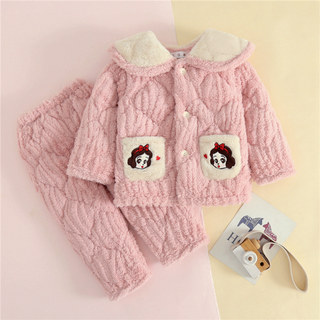 Winter children's pajamas thickened flannel homewear suit boys and girls three-layer quilted plus velvet coral velvet