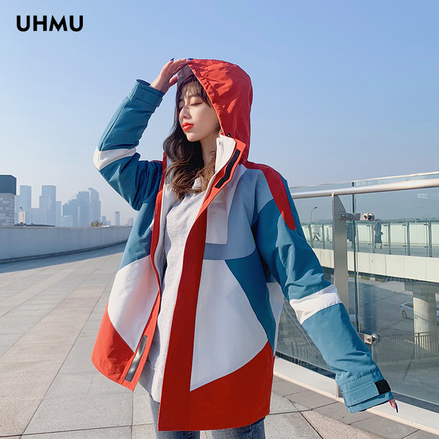 UhMu color-blocked ski jacket women's three-in-one detachable 2024 new winter trendy brand plus velvet thickened jacket