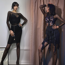  Mulanxi professional art examination dance black caramel stockings New Latin dance adult female printed rompers net socks