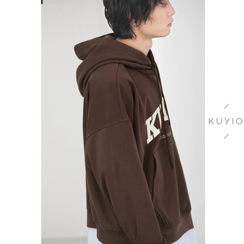 KUYIOU/400G тяжелая махровая сумка-кенгуру с принтом логотипа в стиле ретро, ​​пуловер с открытыми плечами, толстовка с капюшоном для мужчин и женщин, весна