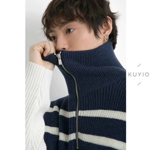 Kuyiou/Half -Open 2way в шерстяных смешанных полосах водолазки.