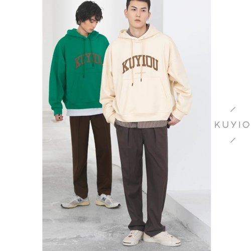 KUYIOU/400G тяжелая махровая сумка-кенгуру с принтом логотипа в стиле ретро, ​​пуловер с открытыми плечами, толстовка с капюшоном для мужчин и женщин, весна