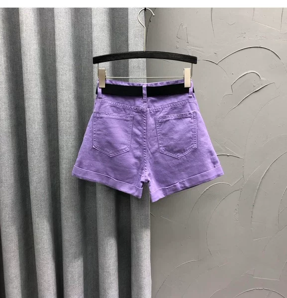Quần short châu Âu màu tím denim nữ mùa hè mới eo cao đã mỏng và