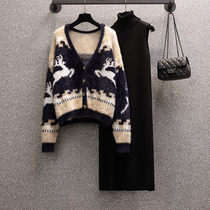 Pregnancy Woman Dress Autumn Winter New Big Code Temperament Display Slim Harness High Neckline Dress Foreign Air Cardiovert Jacket Two Suits