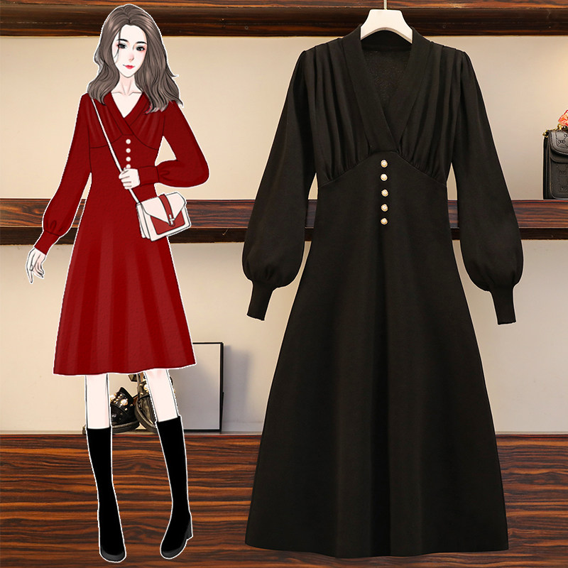 Pregnancy Woman Dress Autumn Winter Temperament Foreign Dress High Waist Display Slim Lantern Sleeve V Collar Medium Long Version Beating Bottom Knit Sweater Skirt Tide