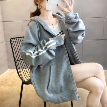 oversize plus velvet padded cardigan hoodie women autumn and winter fat mm size 200 Jin loose zipper jacket