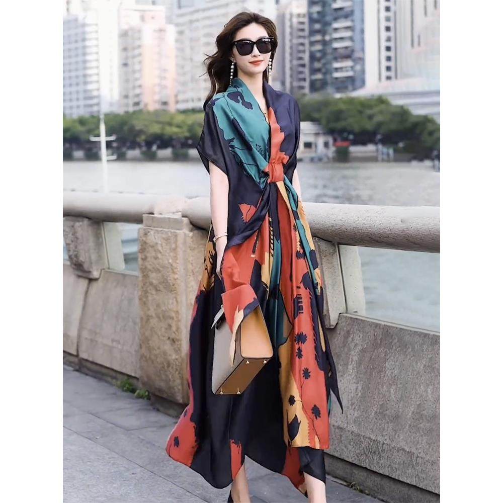 2025 summer new silk dress: plus size loose fit printed beach dress,  mulberry silk flowy maxi