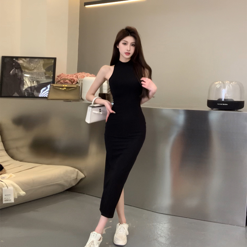 Black Halter Neck Back Slit Sleeveless Dress Women's High-End Elegant Slim Fit Bodycon Skirt Hot Girl