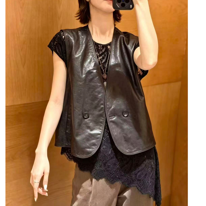 2026 Autumn New Design V-Neck Pu Leather Sleeveless Vest for Women, Versatile Slimming Protein Leather Vest Jacket 2026 Autumn New Design V-Neck Pu Leather Sleeveless Vest for Women, Versatile Slimming Protein Leather Vest Jacket