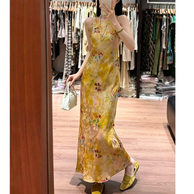 European Goods 2026 Summer New Fashion Printed Sleeveless Long Dress Slimming Elegant Rayon Silk Dress for Women