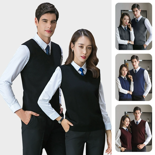 Демисезонный шерстяной свитер для работы, черный трикотажный жилет подходит для мужчин и женщин, V-образный вырез, облегающий крой, делается под заказ