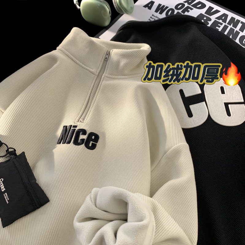 Semi-high collar zipped necropolis with male winter plus velvet thickened American vintage jacket design sensation small crowdsourced tide no hat-Taobao