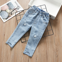 2021 spring and autumn dress broken hole childrens leisure foreign style girl small foot pants small children blue cowboy long pants girl