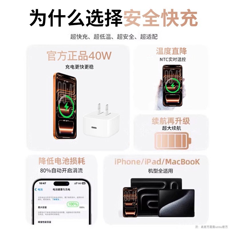 Sf Express [Official Genuine Product] Uosu Compatible Apple 17Pro Charger 40W Fast Charging 17Promax Charging Plug 17 Dynamic Power Adapter Iphone17 Mobile Phone Air Original Set
