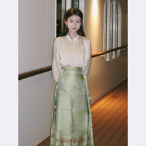 Ocnléty (Broken Green Silk) Advanced Sensical Horse Face Dress 2024 Spring Autumn New High Waist Traditional Hanfu Dress