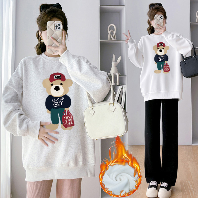 Pregnancy Woman Clothing clothing and clothing autumn and winter plus Korean version Cartoon Little Bear Thickened 100 hitch blouses Lazy Wind and Fat-Taobao