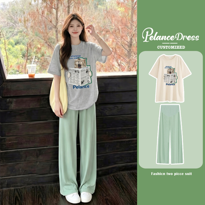 Maternity Summer Outfit: Newspaper Print Kitten Pure Cotton Short-Sleeve T-Shirt for Women, Summer Vibe Sweet Cool Loose Top, Wide-Leg Pants